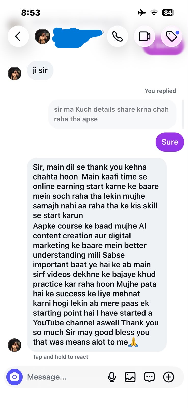 Original student feedback screenshot, shared by the course owner