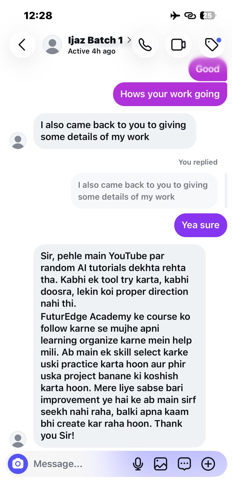 Original student feedback screenshot, shared by the course owner